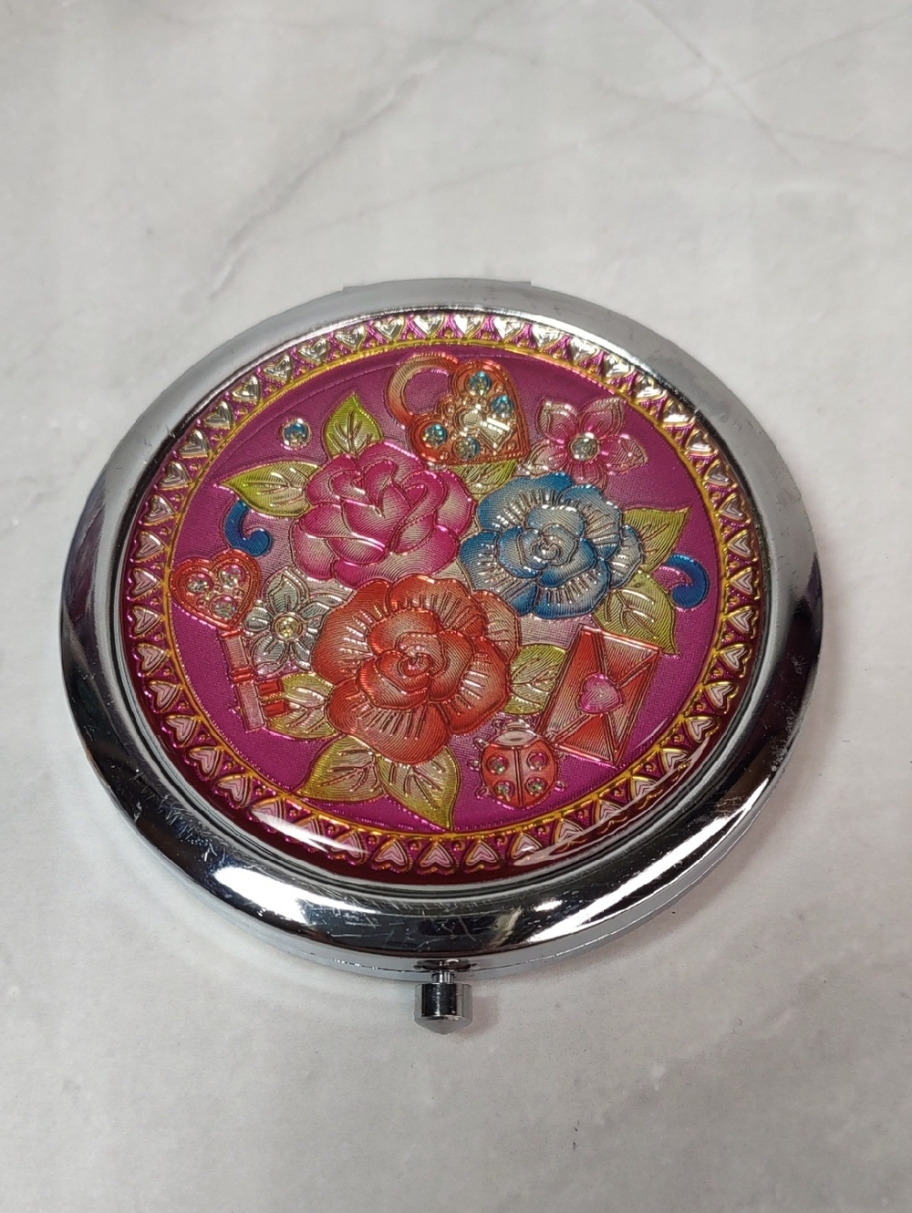 Pink Floral Compact Mirror with Multicolor Rose Accents
